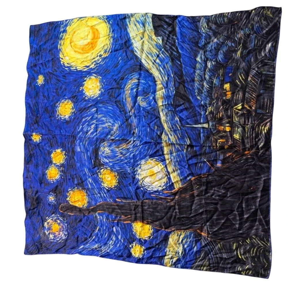 The Starry Night Silk Scarf Blue Yellow Art Print Square Neck Scarf 33in